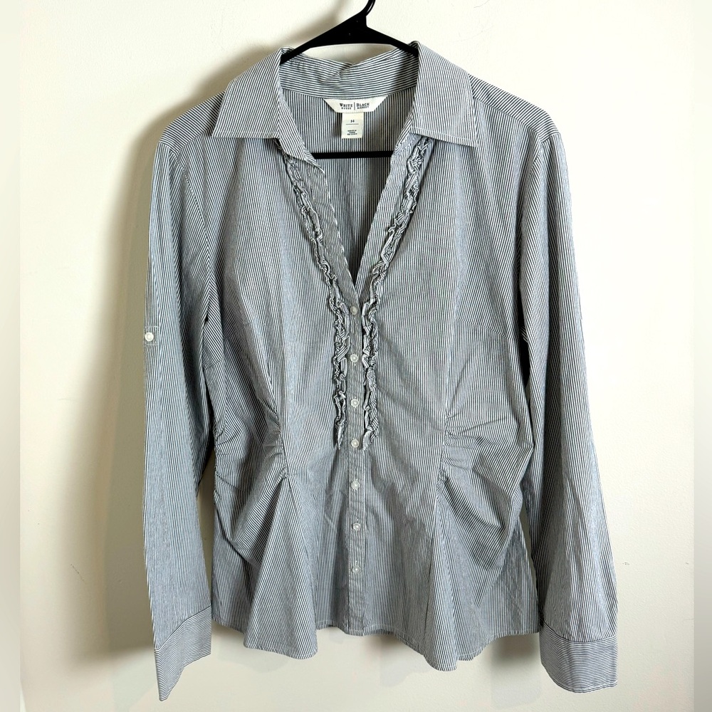 White House Black Market Pinstripe Ruffle Trim Long Sleeve V-Neck Blouse 14